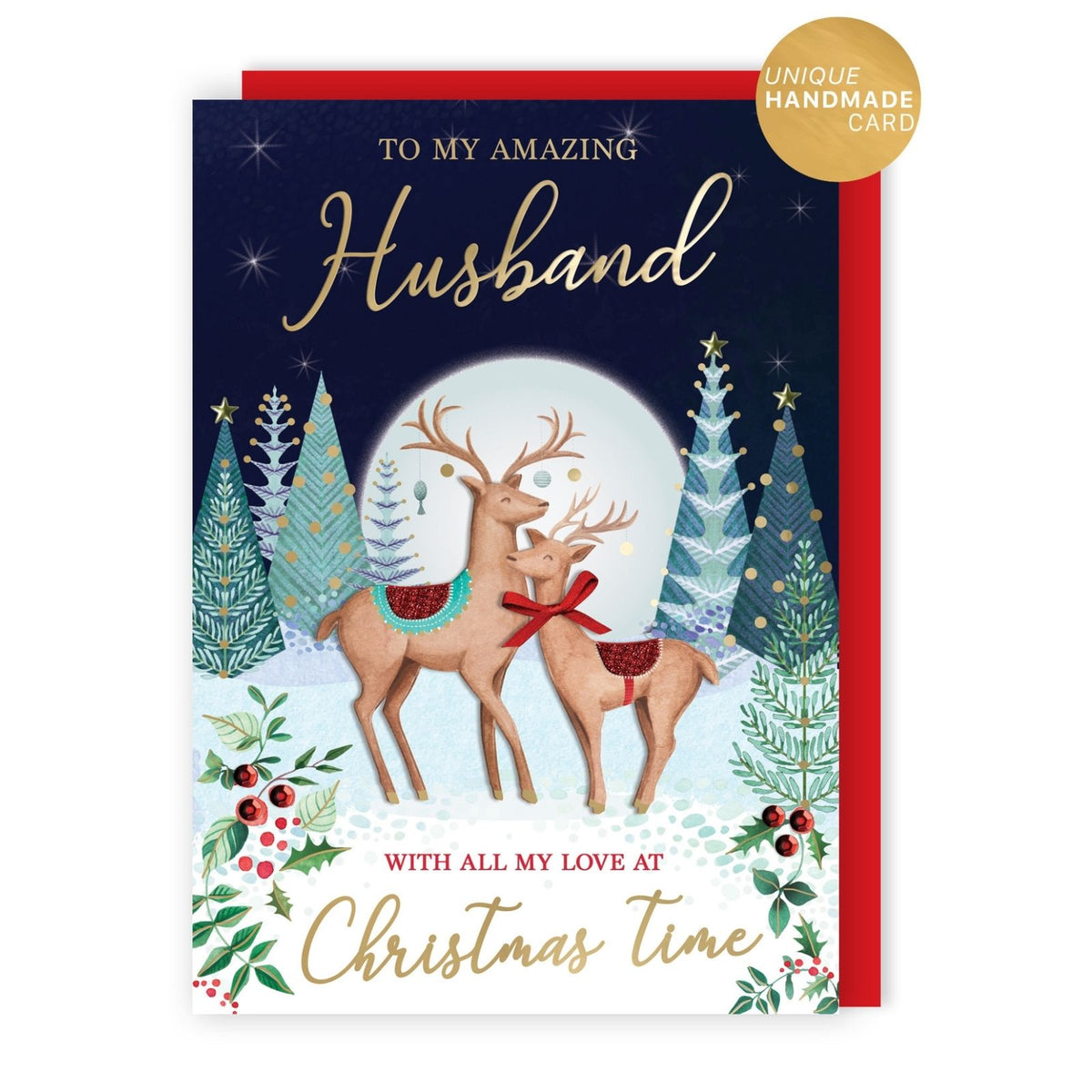 Husband Christmas Card Large Magnifique Hand-Finished Embellished Deer Design