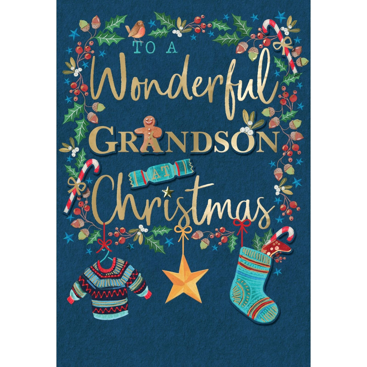 Grandson Christmas Card Large Magnifique Hand-Finished Embellished Xmas Design