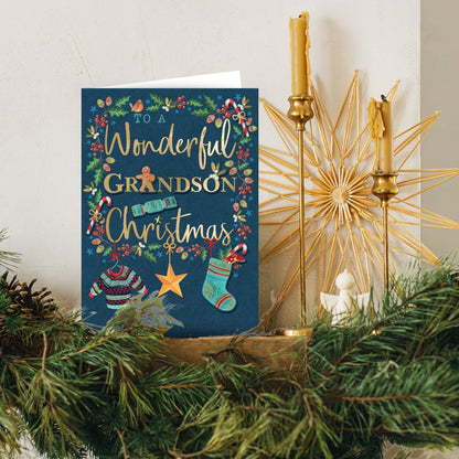 Grandson Christmas Card Large Magnifique Hand-Finished Embellished Xmas Design