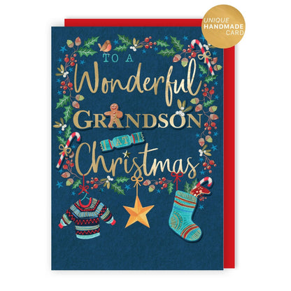 Grandson Christmas Card Large Magnifique Hand-Finished Embellished Xmas Design