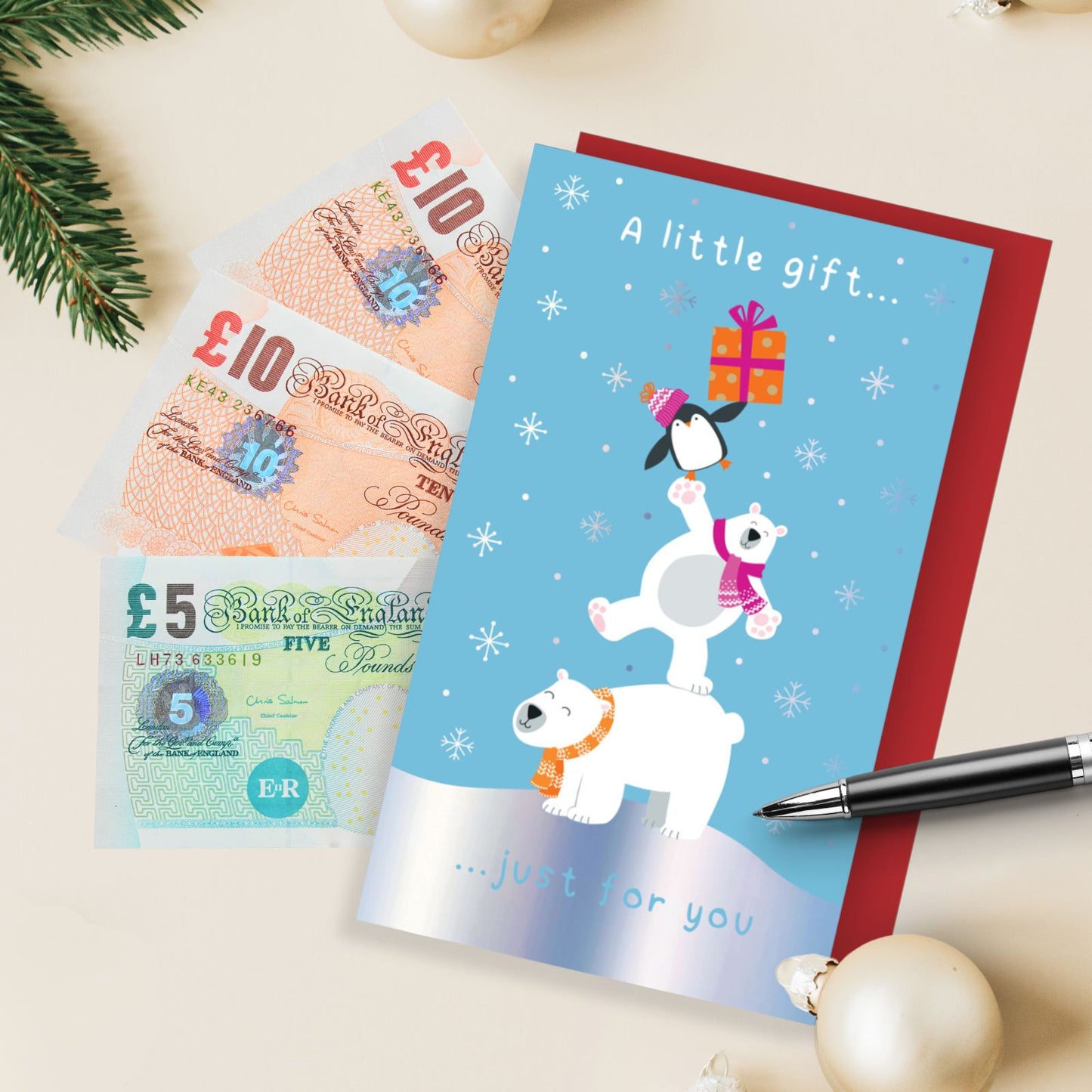 Money Wallet Christmas Card A Little Gift Cute Polar Bears & Penguins Gift Card