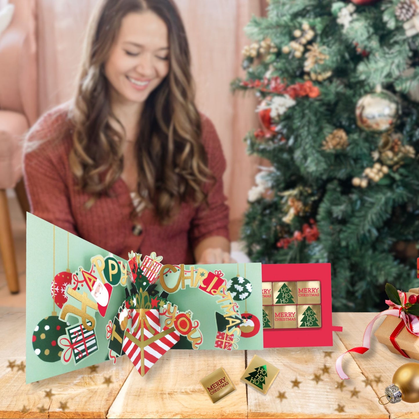 Christmas Pop Up Card With Chocolates 3D Festive Treat Tray Card & Gift