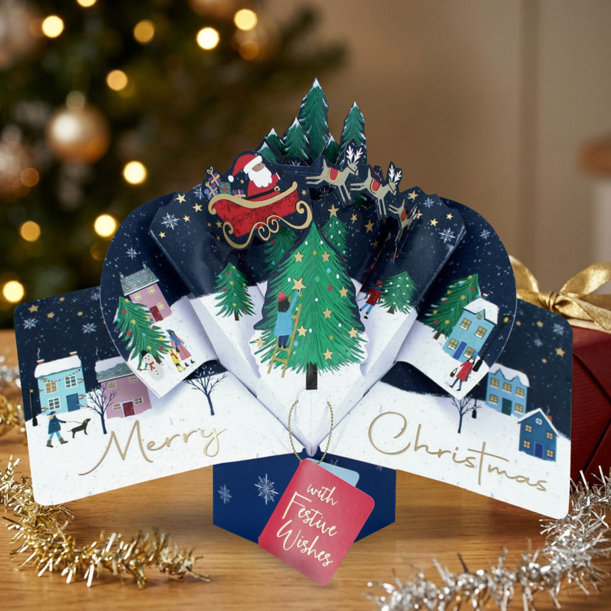3D Pop Up Christmas Card Santa & Reindeers DesignGreeting Card Mailable Pop Ups