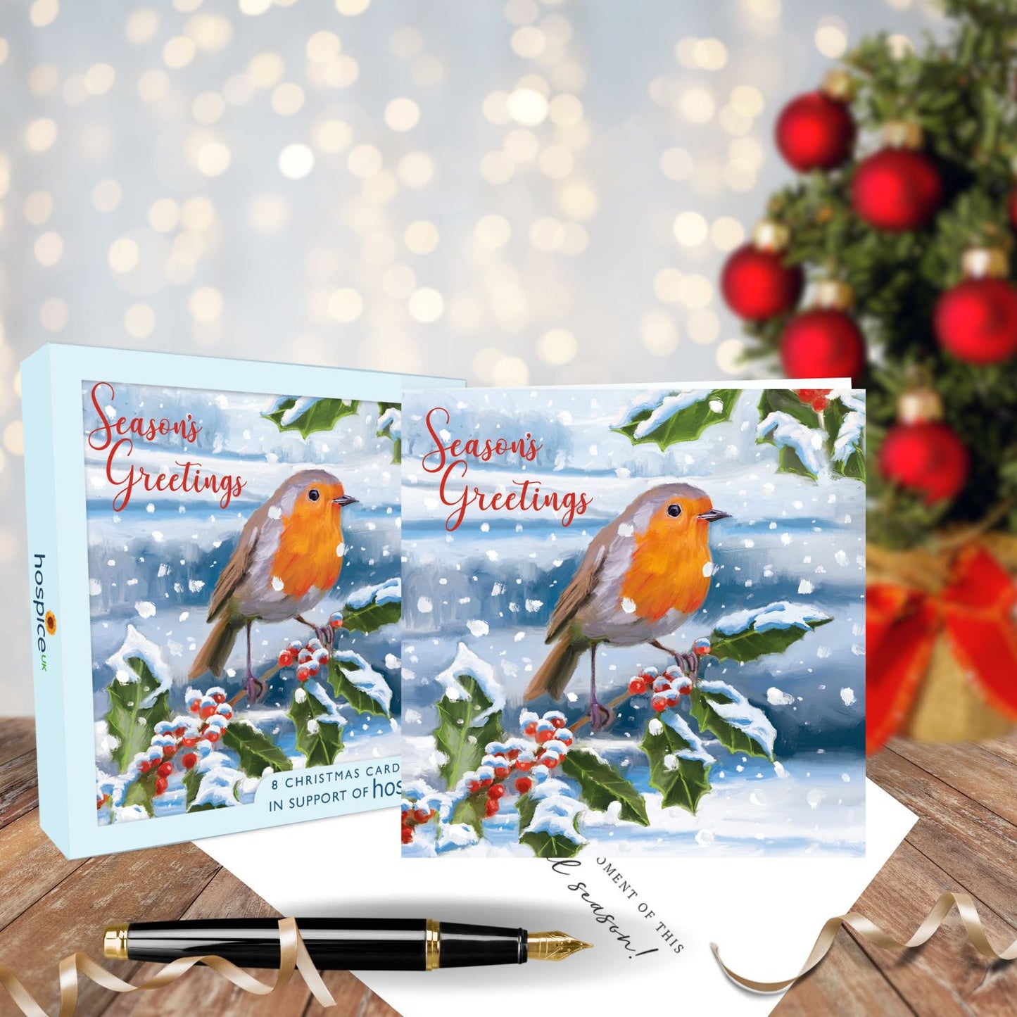 Box Of 8 Robin Hospice UK Charity Season's Greetings Charity Christmas Cards