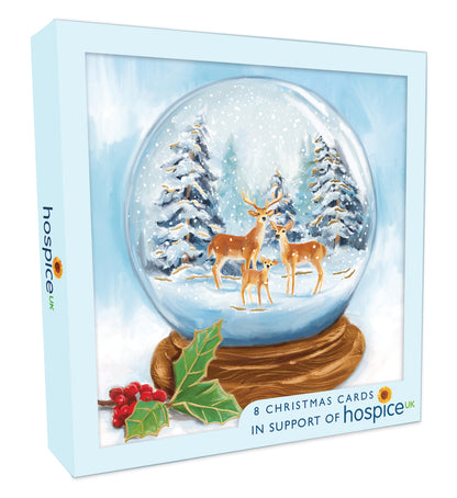 Box Of 8 Reindeers Snowglobe Hospice UK Charity Christmas Cards