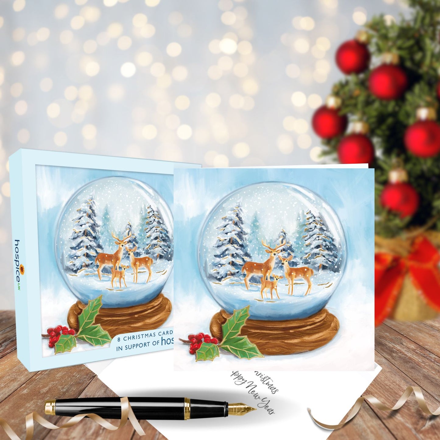 Box Of 8 Reindeers Snowglobe Hospice UK Charity Christmas Cards
