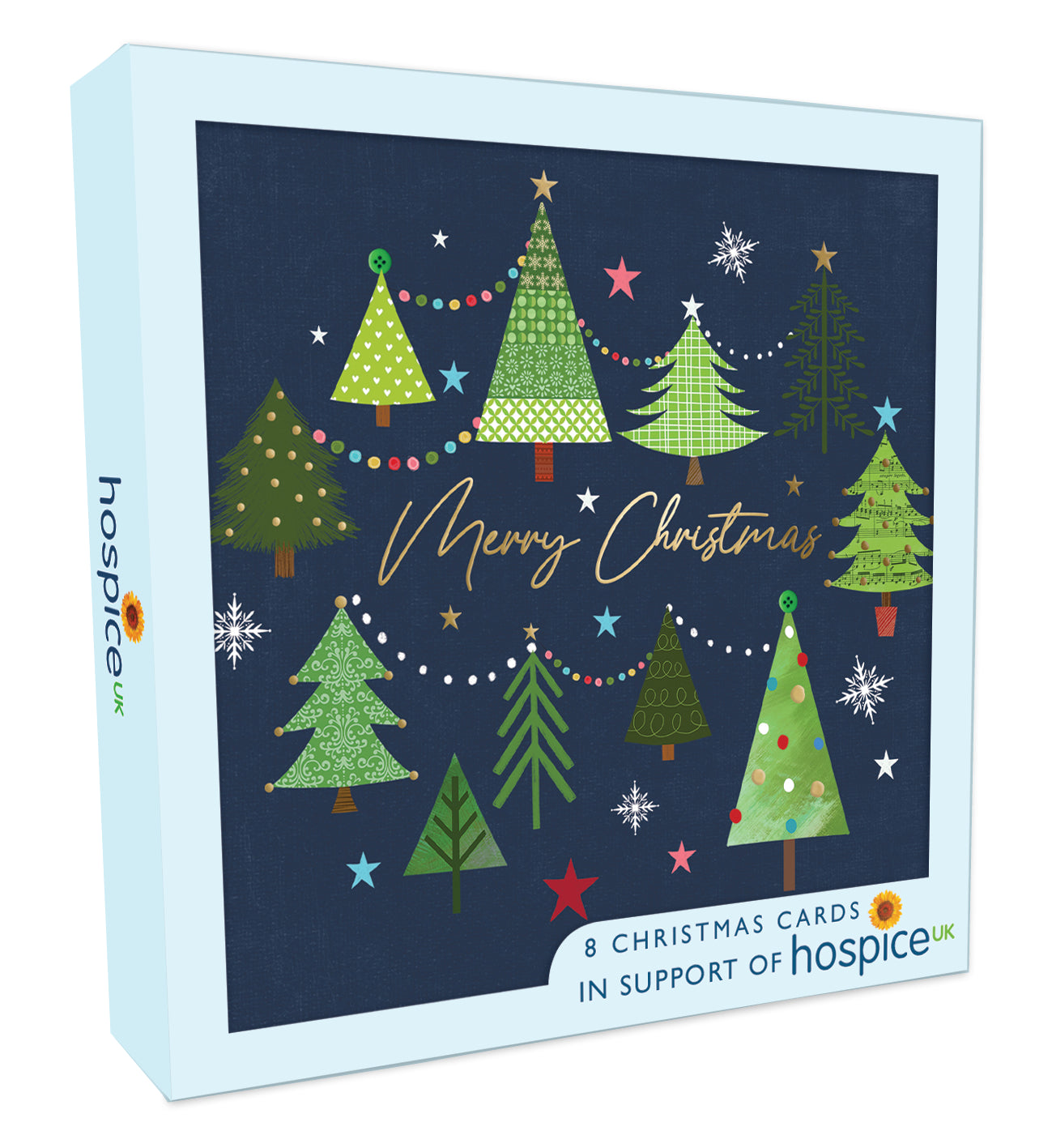 Box Of 8 Merry Xmas Trees Hospice UK Charity Christmas Cards