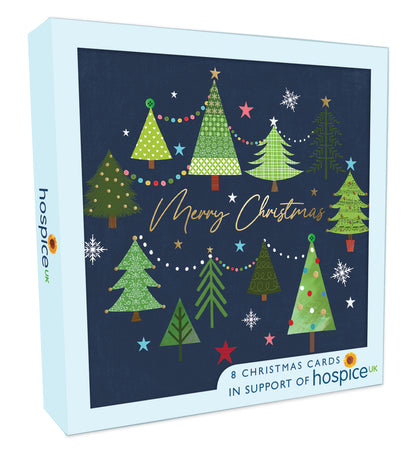 Box Of 8 Merry Xmas Trees Hospice UK Charity Christmas Cards