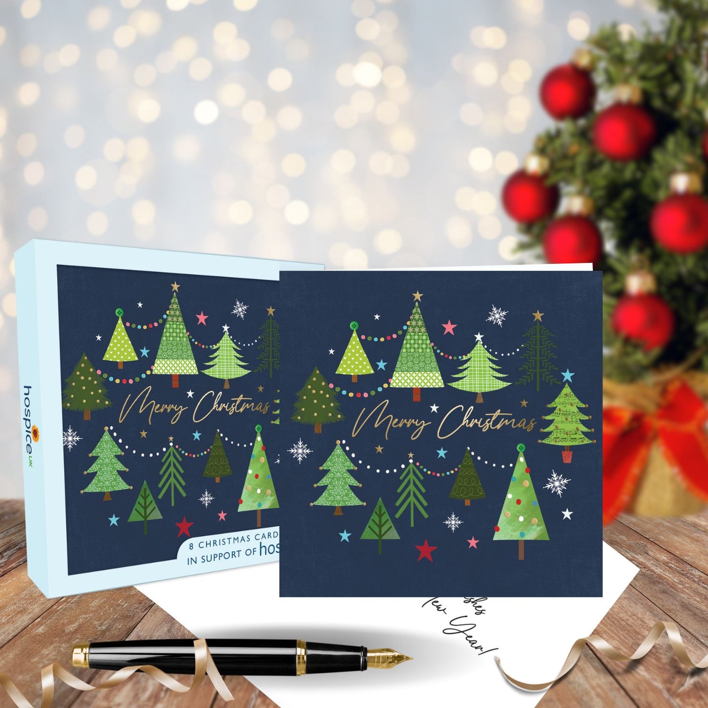 Box Of 8 Merry Xmas Trees Hospice UK Charity Christmas Cards