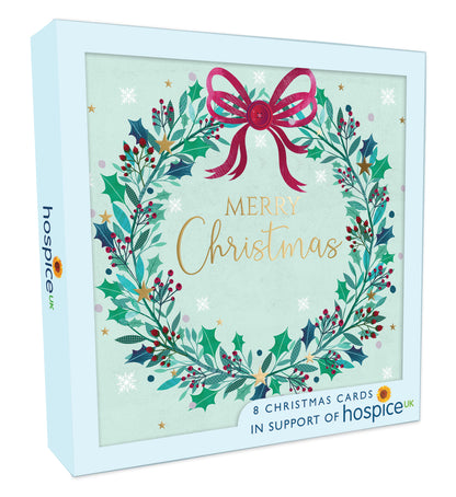 Box Of 8 Merry Christmas Festive Wreath Hospice UK Charity Christmas Cards