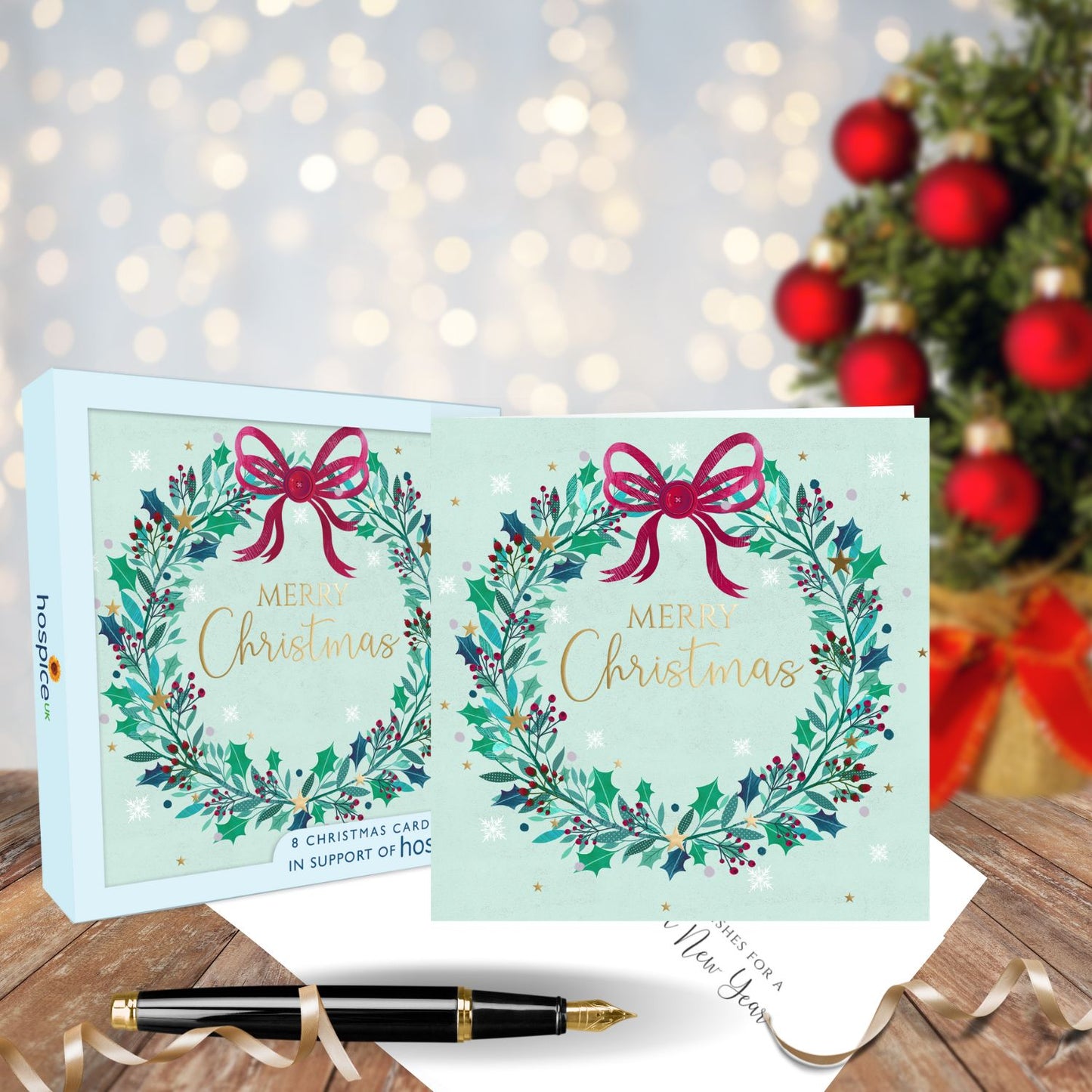 Box Of 8 Merry Christmas Festive Wreath Hospice UK Charity Christmas Cards