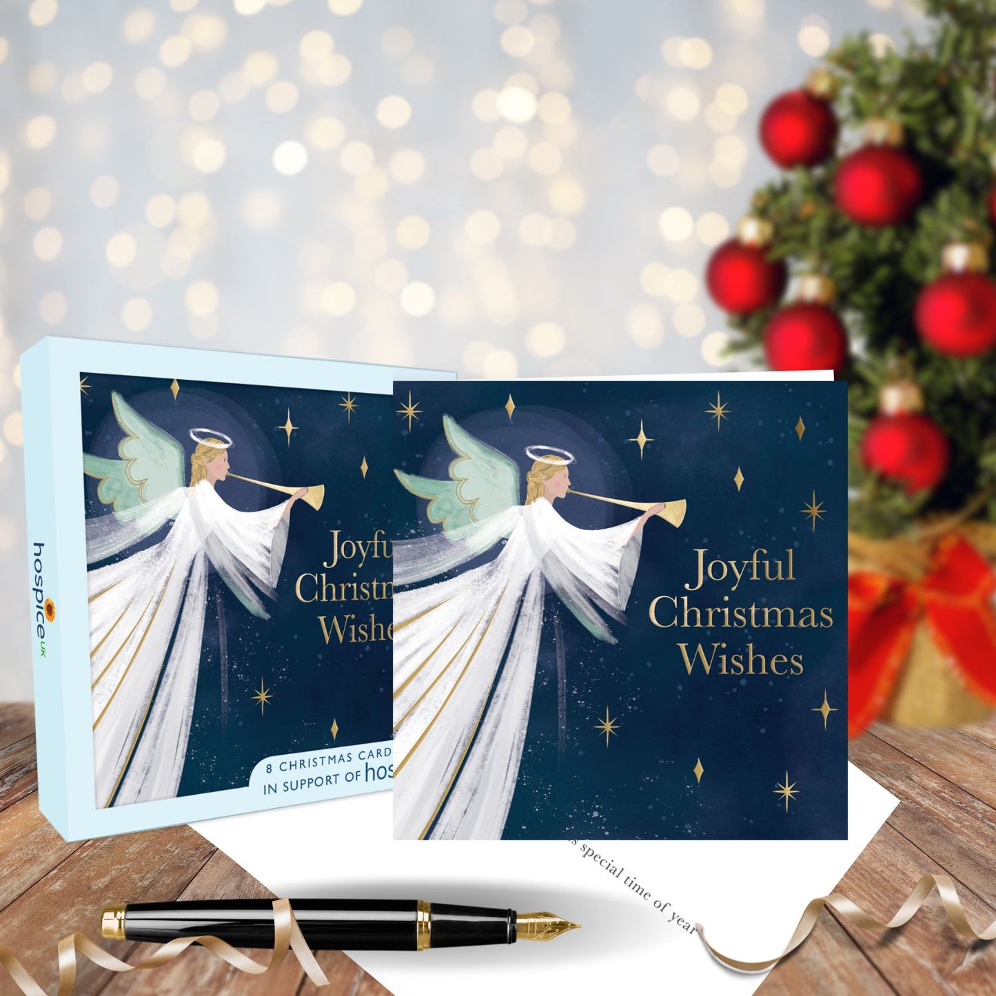Box Of 8 Joyful Angel With Horn Hospice UK Charity Christmas Cards