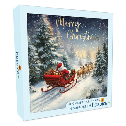 Box Of 8 Charity Christmas Cards Supporting Hospice UK Santa & Sleigh Design