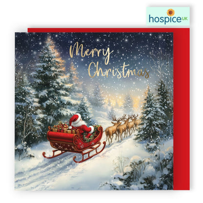 Box Of 8 Charity Christmas Cards Supporting Hospice UK Santa & Sleigh Design