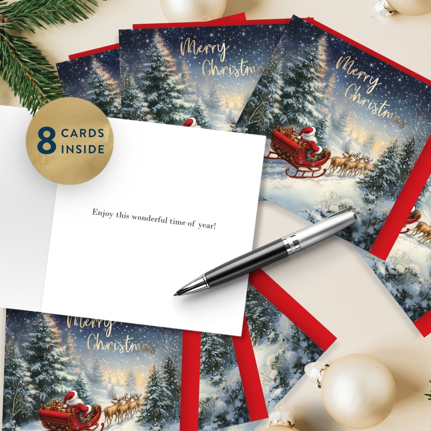 Box Of 8 Charity Christmas Cards Supporting Hospice UK Santa & Sleigh Design