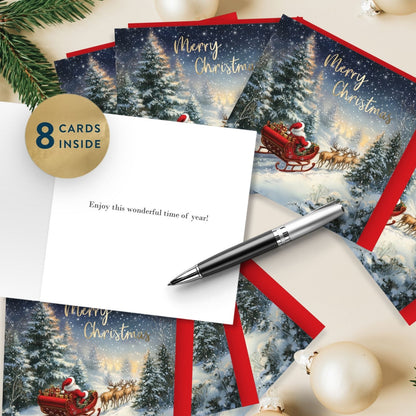 Box Of 8 Charity Christmas Cards Supporting Hospice UK Santa & Sleigh Design