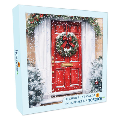 Box Of 8 Charity Christmas Cards Supporting Hospice UK Snowy Front Door Design