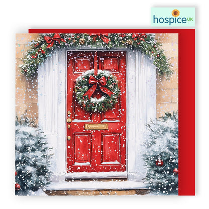 Box Of 8 Charity Christmas Cards Supporting Hospice UK Snowy Front Door Design