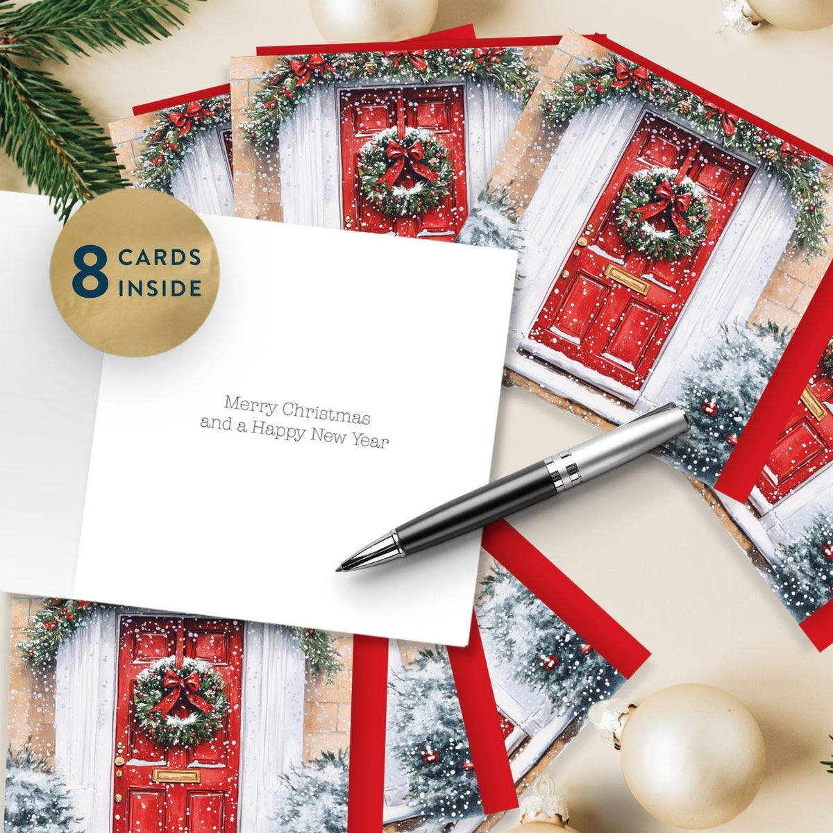 Box Of 8 Charity Christmas Cards Supporting Hospice UK Snowy Front Door Design