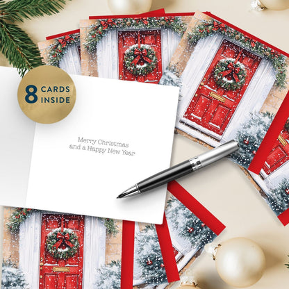 Box Of 8 Charity Christmas Cards Supporting Hospice UK Snowy Front Door Design