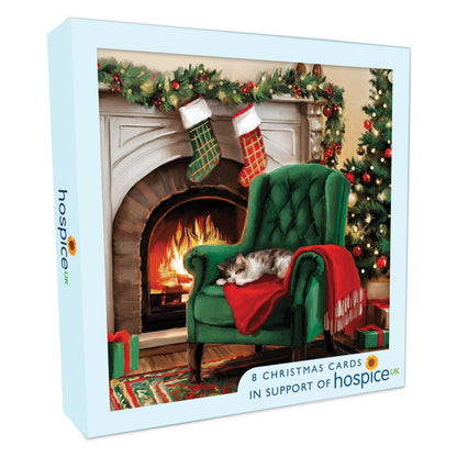 Box Of 8 Charity Christmas Cards Supporting Hospice UK Festive Cat Design