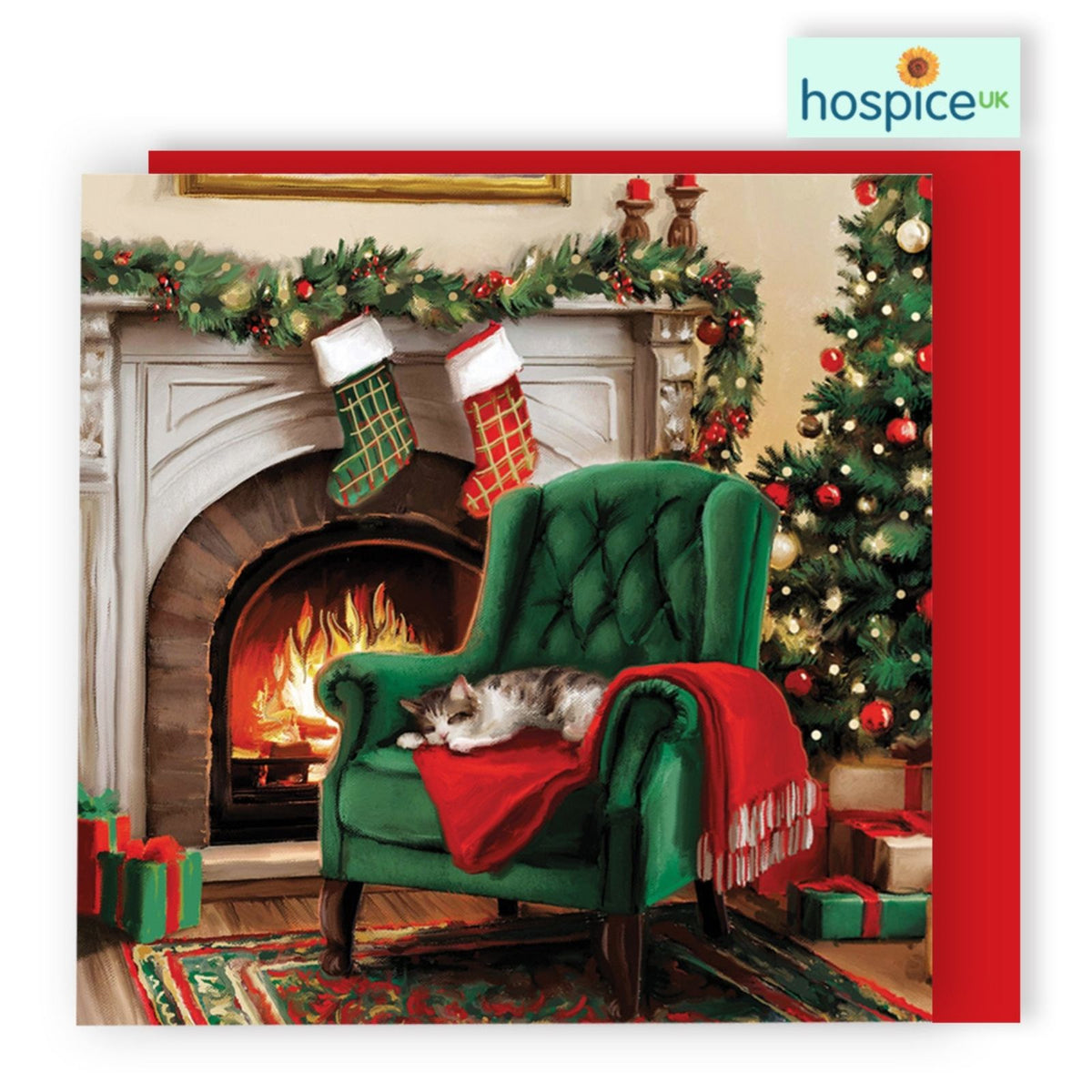 Box Of 8 Charity Christmas Cards Supporting Hospice UK Festive Cat Design