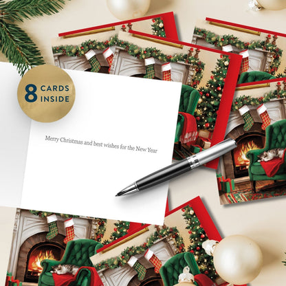 Box Of 8 Charity Christmas Cards Supporting Hospice UK Festive Cat Design