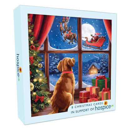 Box Of 8 Charity Christmas Cards Supporting Hospice UK Dog Watching Santa Design