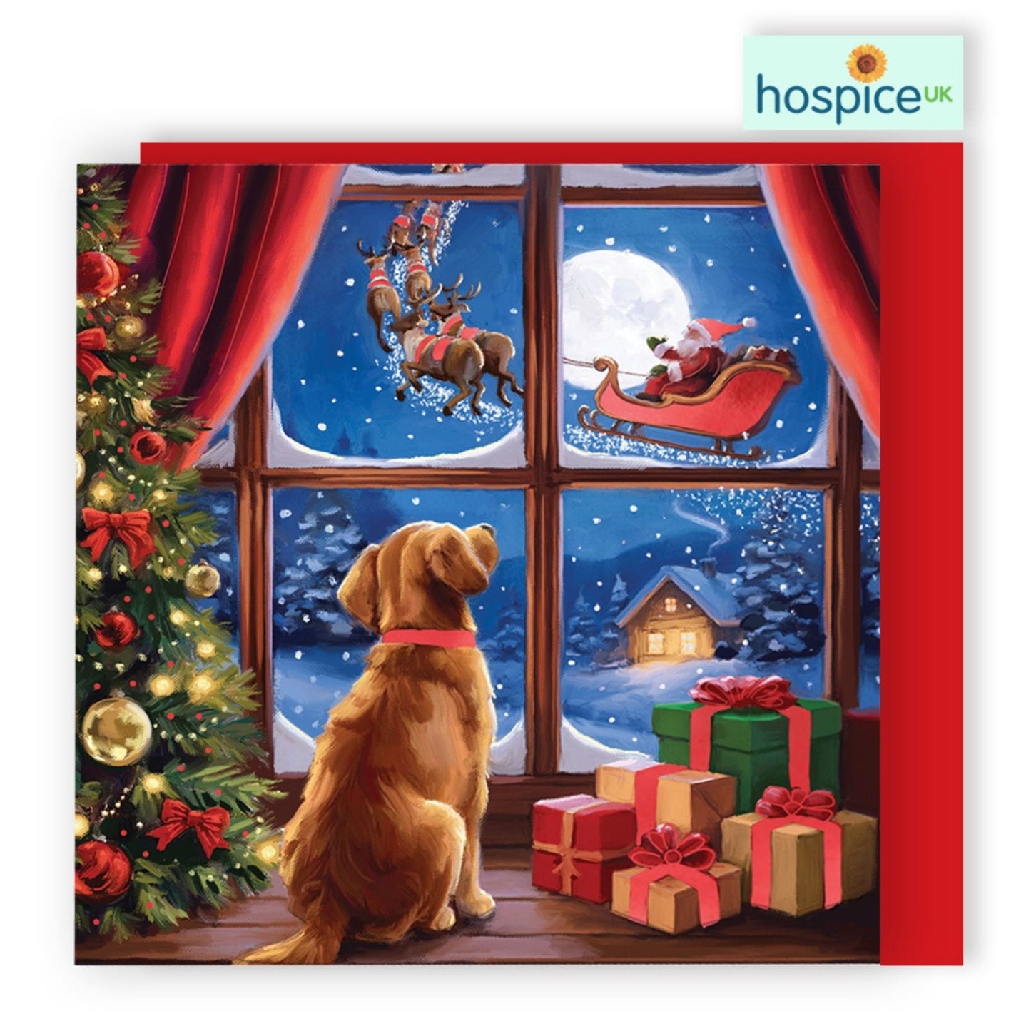 Box Of 8 Charity Christmas Cards Supporting Hospice UK Dog Watching Santa Design