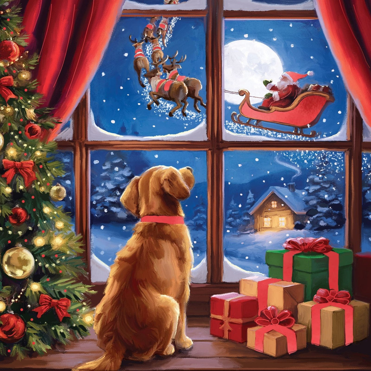 Box Of 8 Charity Christmas Cards Supporting Hospice UK Dog Watching Santa Design