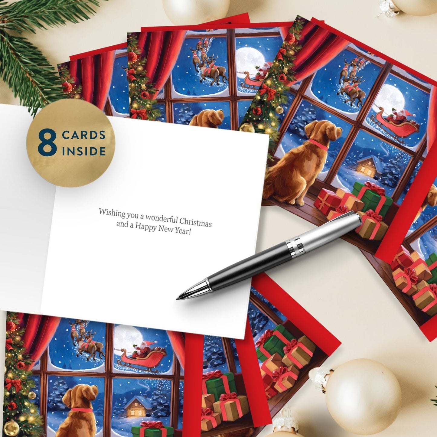 Box Of 8 Charity Christmas Cards Supporting Hospice UK Dog Watching Santa Design
