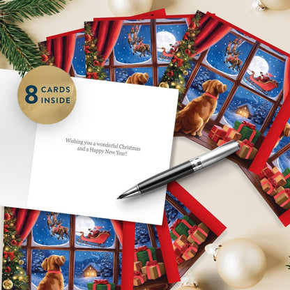 Box Of 8 Charity Christmas Cards Supporting Hospice UK Dog Watching Santa Design
