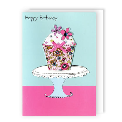 Hand-Finished Birthday Greeting Card Joyful Floral Cake Celebration For Her