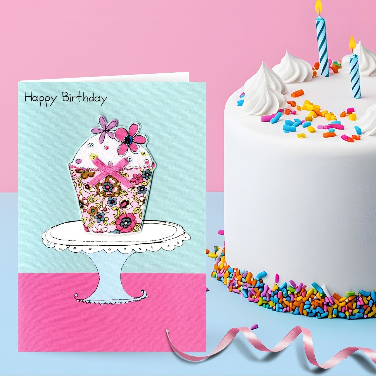 Hand-Finished Birthday Greeting Card Joyful Floral Cake Celebration For Her