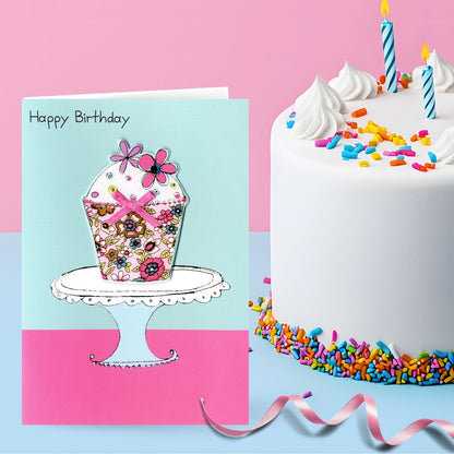 Hand-Finished Birthday Greeting Card Joyful Floral Cake Celebration For Her
