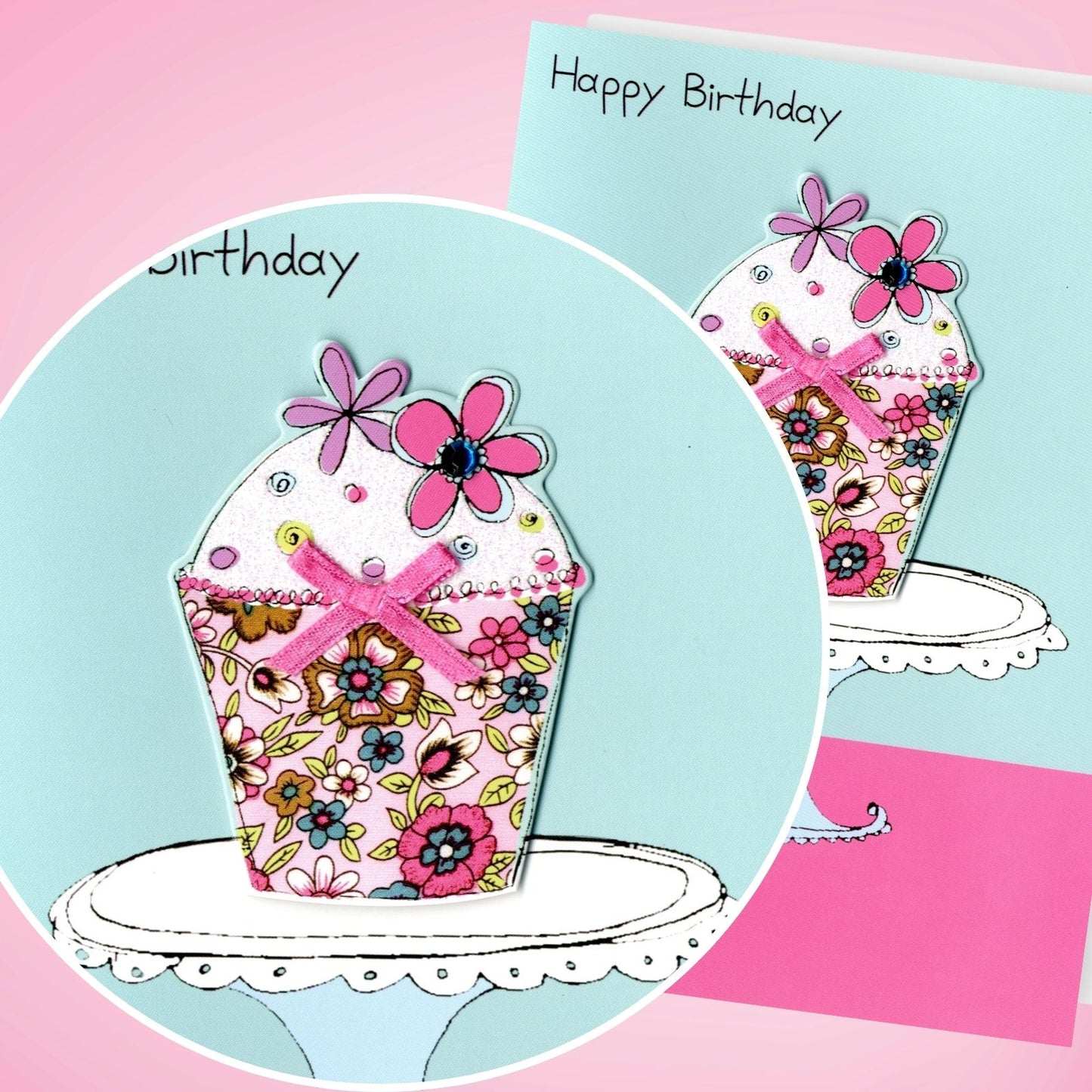 Hand-Finished Birthday Greeting Card Joyful Floral Cake Celebration For Her