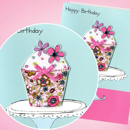 Hand-Finished Birthday Greeting Card Joyful Floral Cake Celebration For Her
