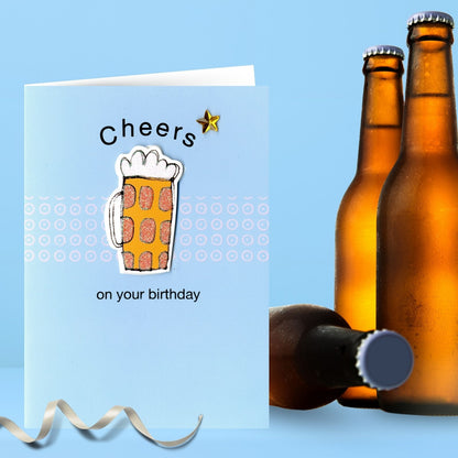 Hand-Finished Birthday Greeting Card Glittered Beer Glass Cheers For Him