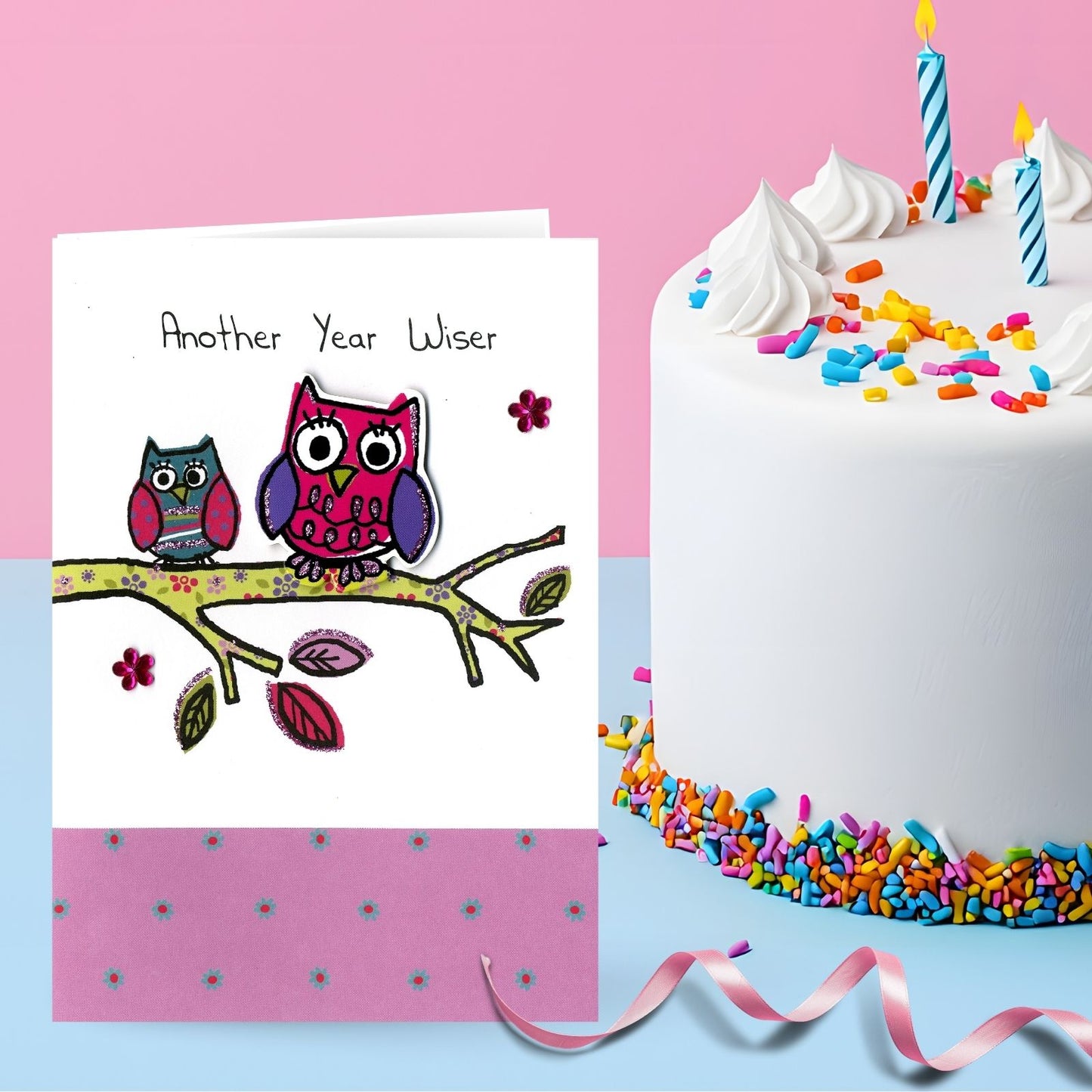 Hand-Finished Birthday Greeting Card Owls Another Year Wiser Embellished For Her