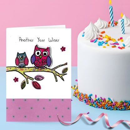 Hand-Finished Birthday Greeting Card Owls Another Year Wiser Embellished For Her
