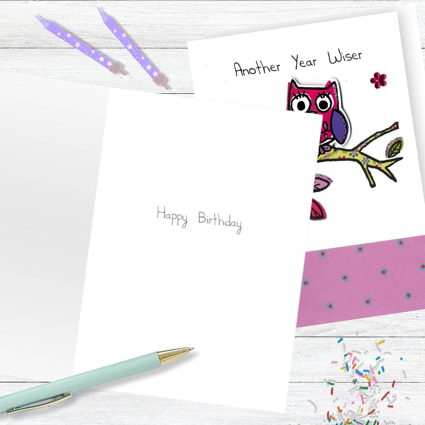 Hand-Finished Birthday Greeting Card Owls Another Year Wiser Embellished For Her
