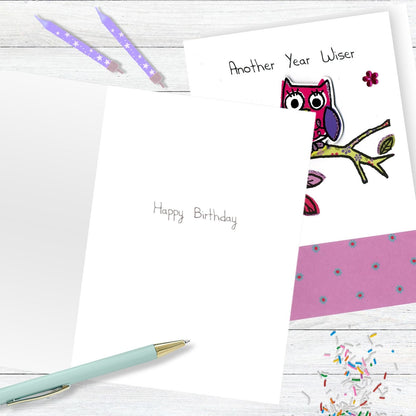 Hand-Finished Birthday Greeting Card Owls Another Year Wiser Embellished For Her