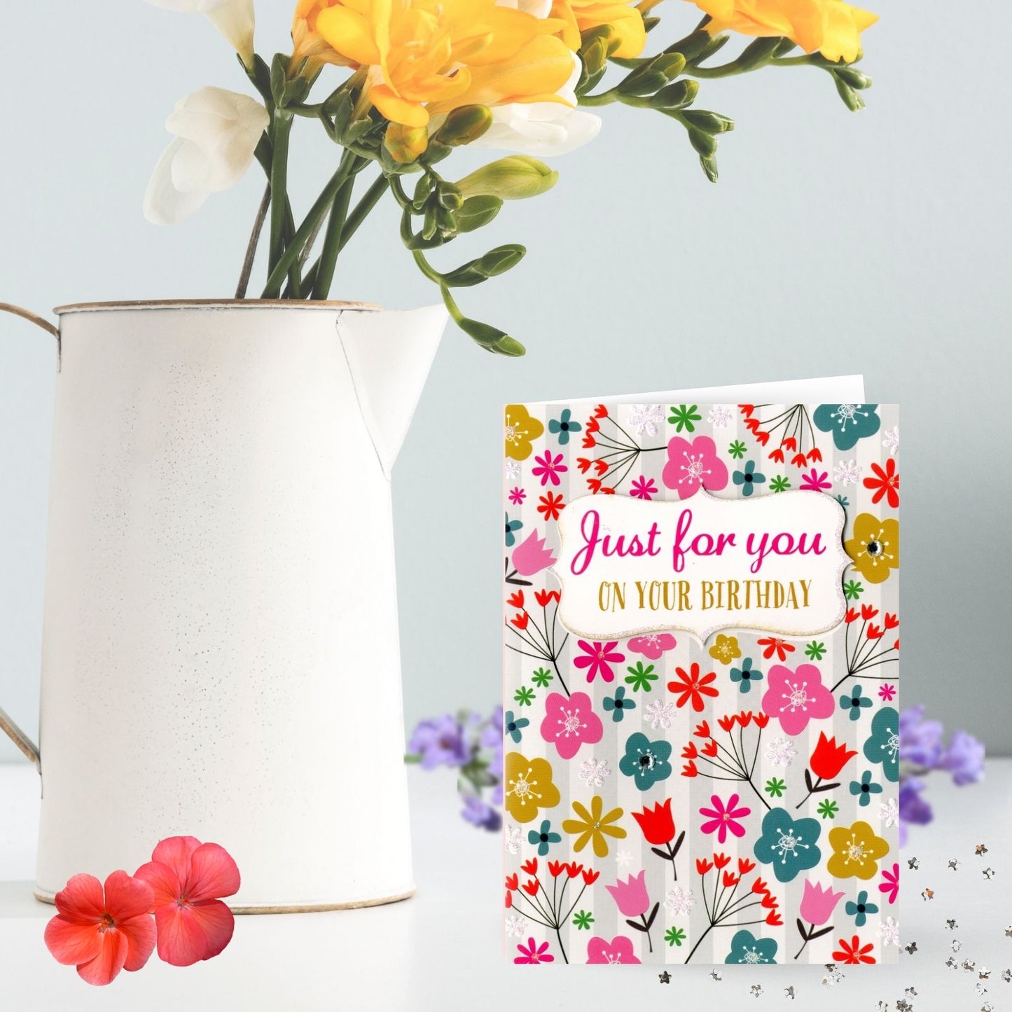 Hand-Finished Birthday Greeting Card Floral Embellished Glittered For Her