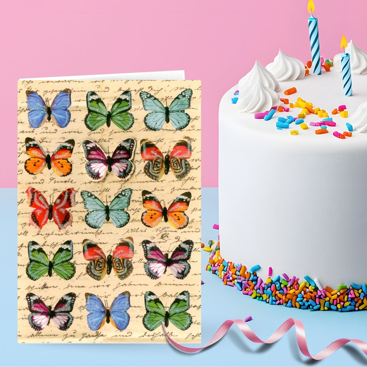 Hand-Finished Blank Greeting Card Colourful Glitter Butterflies For Any Occasion