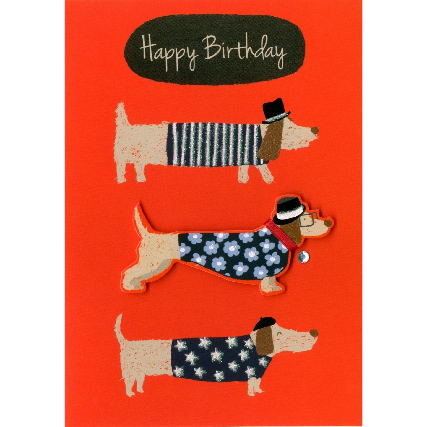 Hand-Finished Birthday Card Happy Birthday Sausage Dogs Fun Embellished Design
