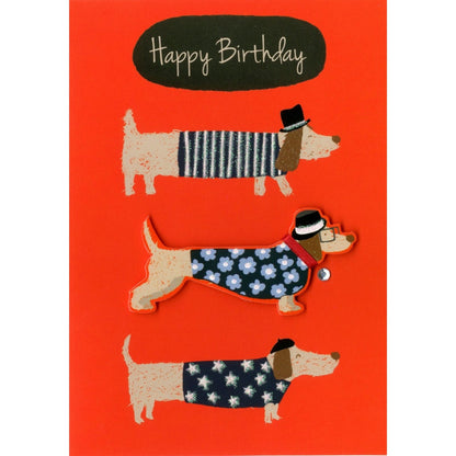 Hand-Finished Birthday Card Happy Birthday Sausage Dogs Fun Embellished Design