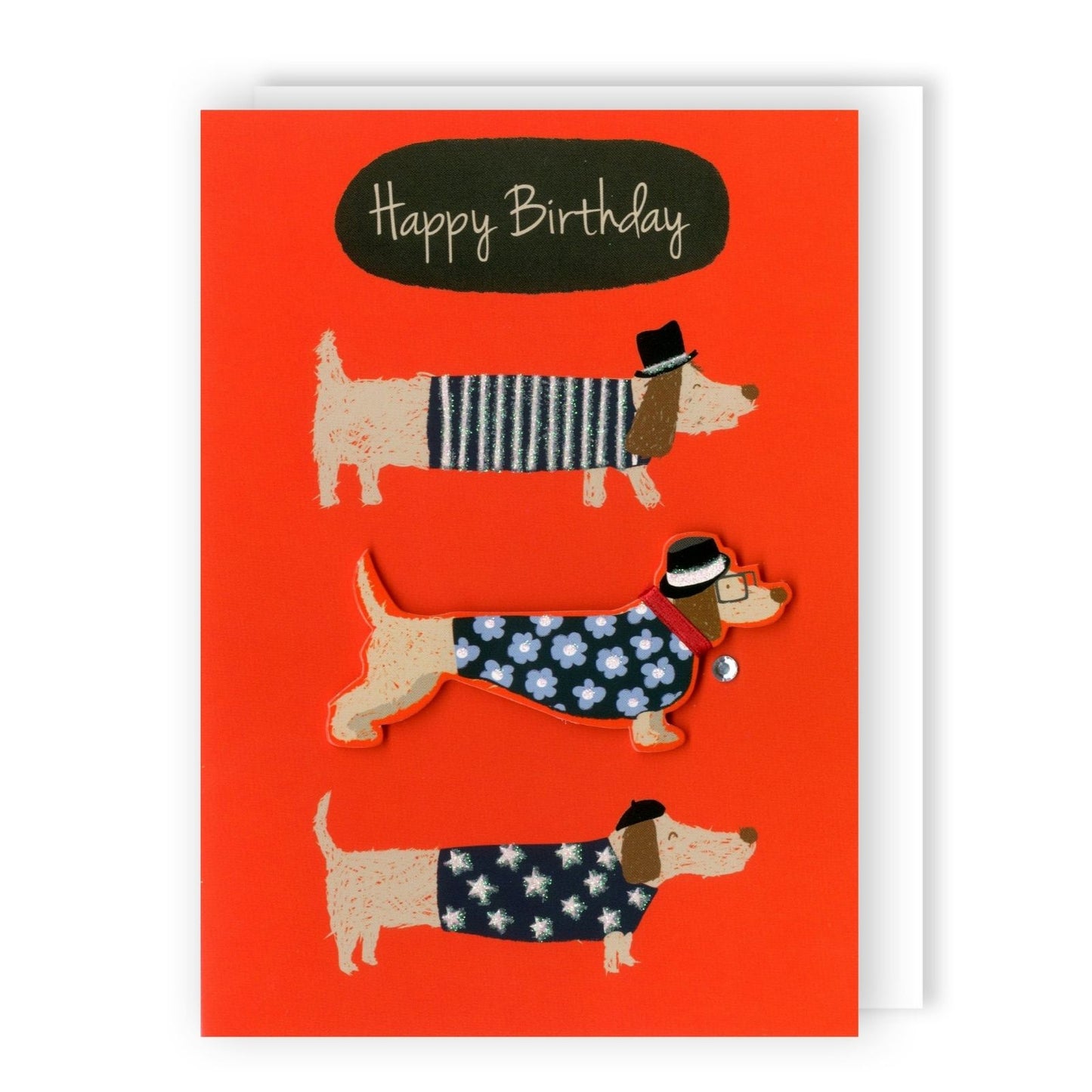 Hand-Finished Birthday Card Happy Birthday Sausage Dogs Fun Embellished Design