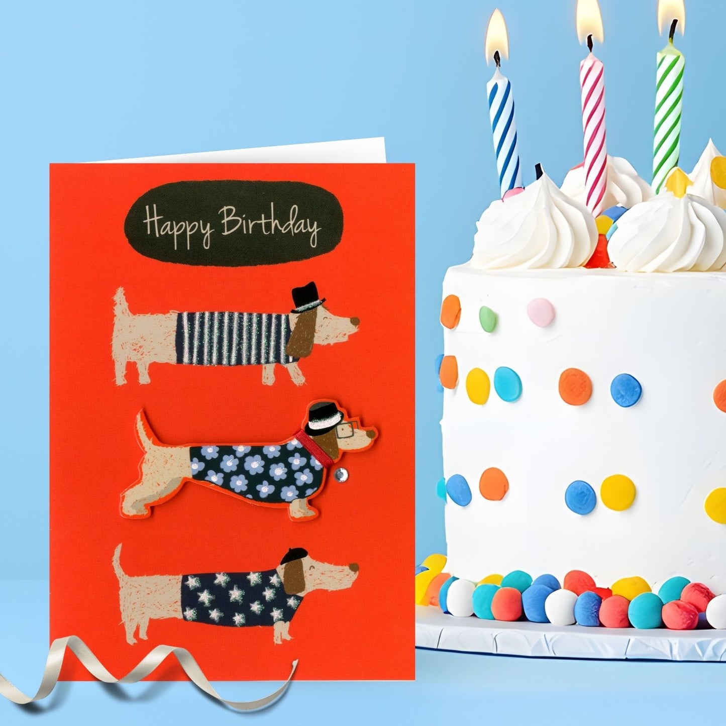 Hand-Finished Birthday Card Happy Birthday Sausage Dogs Fun Embellished Design