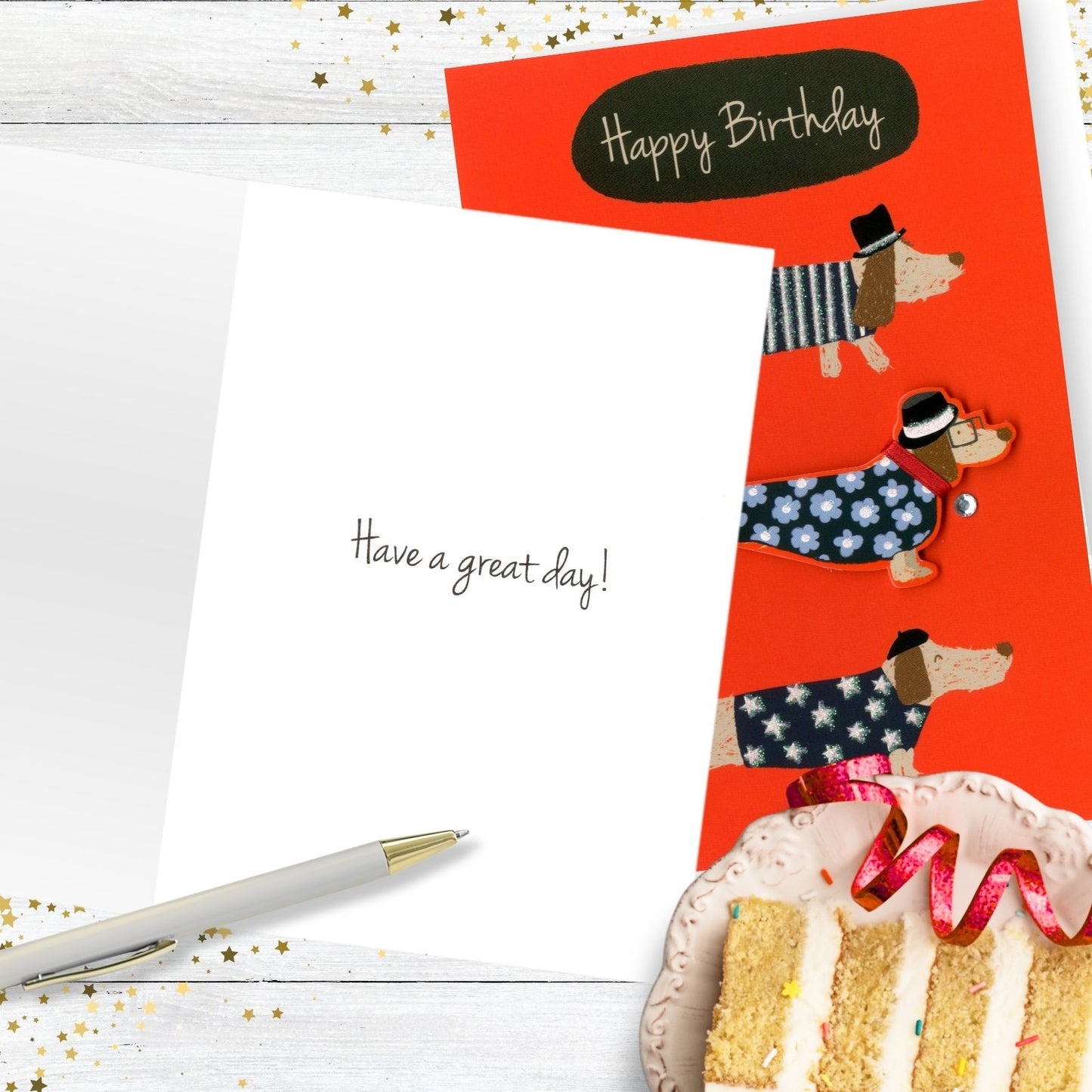Hand-Finished Birthday Card Happy Birthday Sausage Dogs Fun Embellished Design