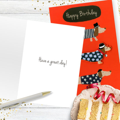 Hand-Finished Birthday Card Happy Birthday Sausage Dogs Fun Embellished Design